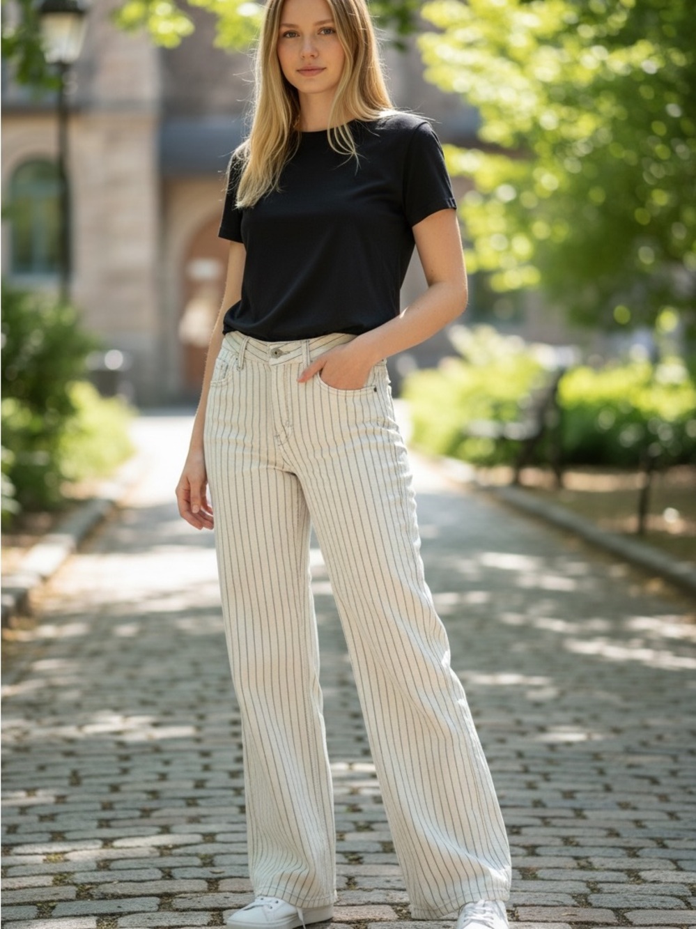 Zara Navy and Cream Pinstripe Straight Leg Jeans